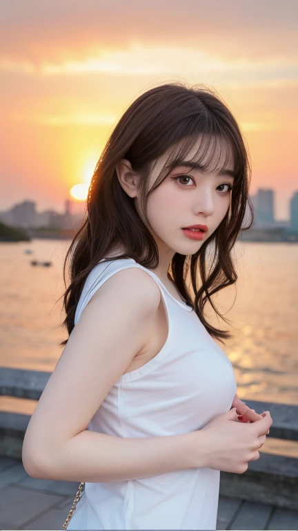 ((top quality, 8k, masterpiece: 1.3, raw photo)), Sharp Focus: 1.2, (1 aespa girl: 1.2), (Realistic, Photorealistic: 1.37), (face focus: 1.1), cute face, tenderness, small breasts, flat breasts, short messy hair, white shirt, beautiful woman sitting by the seaside at sunset, sunlight, movie lighting
