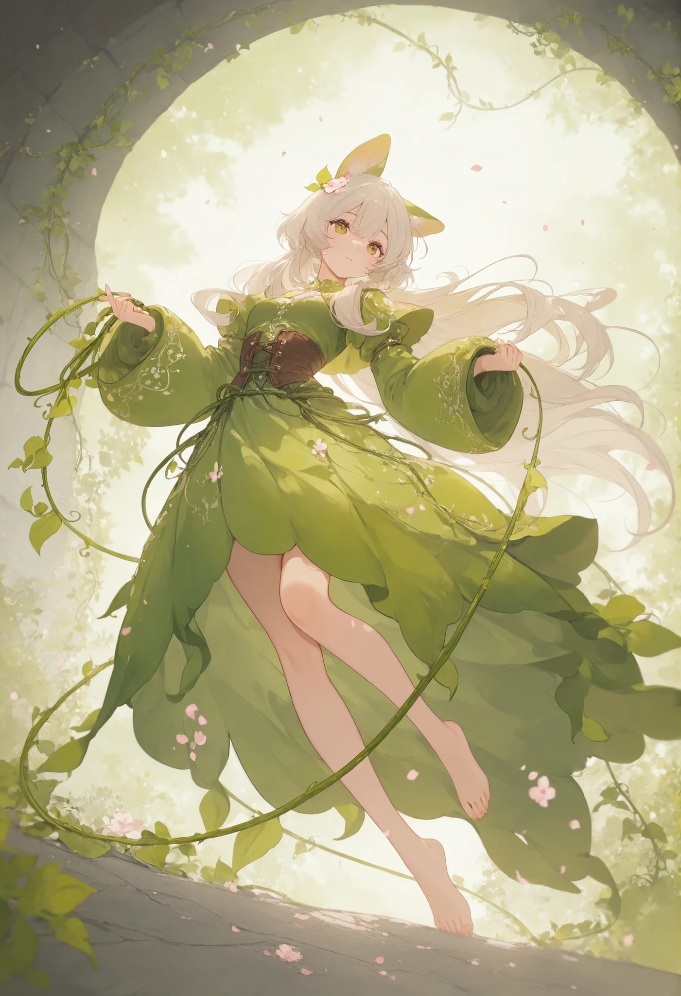1girl,bloomwarden_druid, petal_scale_mail, vine_whip_coiling_from_sleeves, bare_feet_rooting_into_stone
,masterpiece, best quality, newest, highres, absurdres,
