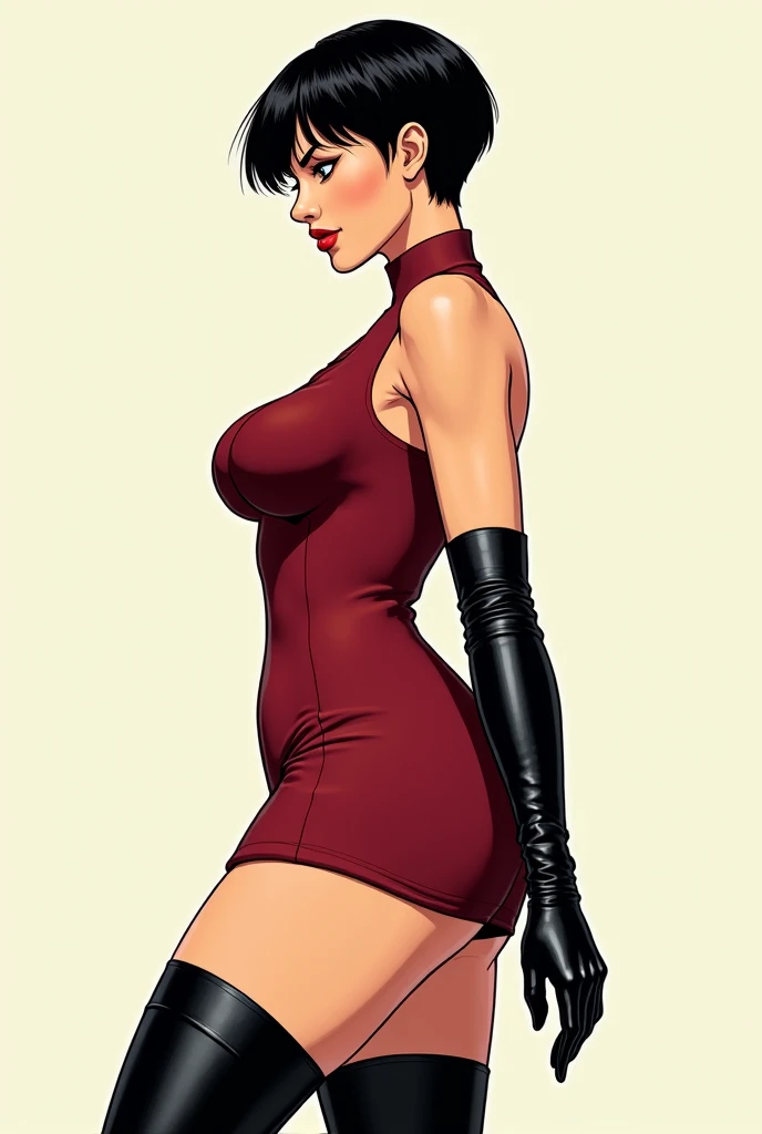 draw up, Lips are soft or colored, Simple black background, minimalism, monotone, bright color palettes, with aesthetic small breasts, Beautiful round face, Short dress, Shows His Legs, short black dress(absolutely no panties), shaggy brown hair, hair tied, holding a giant ax with both hands, perfect anatomy, dynamic pose, Perfect hands, the wind in the dress