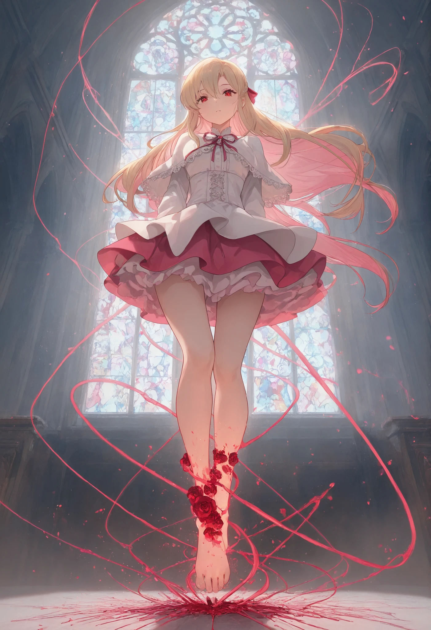 1girl,weaver_of_fates, living_thread_mouth_spewing, loom_pedal_stomping, cathedral_rose_window,barefoot
,masterpiece, best quality, newest, highres, absurdres,