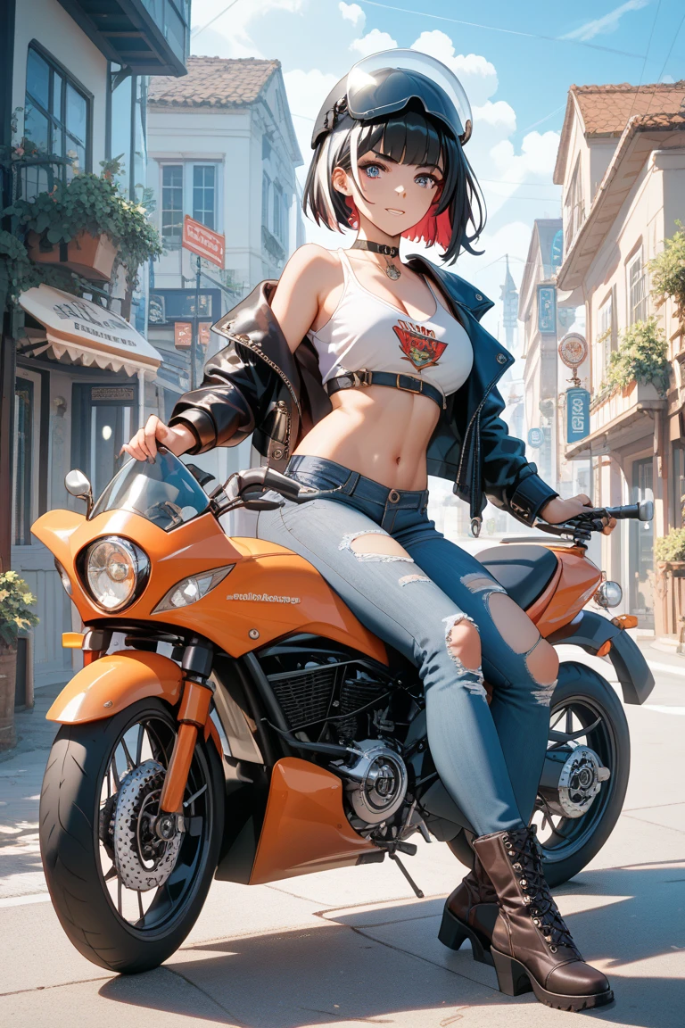 there is a naked anime female wearing a black undershirt sitting upon the motorcycle, 1 girl, alone, navel, shorts, thigh, breast,, bare shoulders, diaphragm, crop top, bare arms, Stomach, sleeveless, short shorts, dolphin shorts, Smile, ponytail, looking at the audience, shirt, spread legs, sitting, brown eyes, sleeveless shirt, white shirt