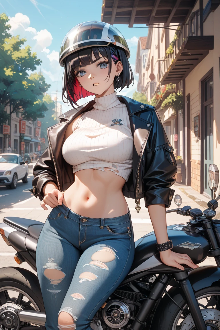 8k, best quality, masterpiece, ultra quality, 1girl, posing while sitting on bike, purple and black hair, pony tail, cap, white tanktop with stains, blue jeans, leather boots, sunglasses, thick bright red lips, red lipstick, glossy lips,  sweaty, sparkling skin, glossy skin, sexy pose, thin waist, wide hips, big breasts, jacket slid down from the shoulder, biker girl, sitting on a motor cycle, tanktop with alcohol stains,, upscaled, ultra detailed, high quality, 8k