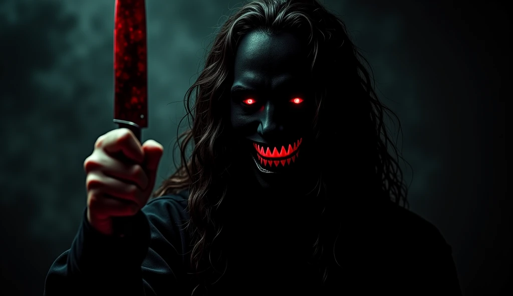 The assassin wore a black mask and had long, curly hair., white eyes and holding a bloody knife with skinny hands of a demon in a dark and scary photo, bloody tooth smile