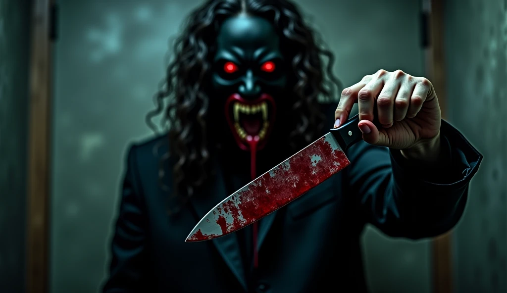 Jeff the Killer Bloody knife. In his hand he holds a bloody knife stock photo...

