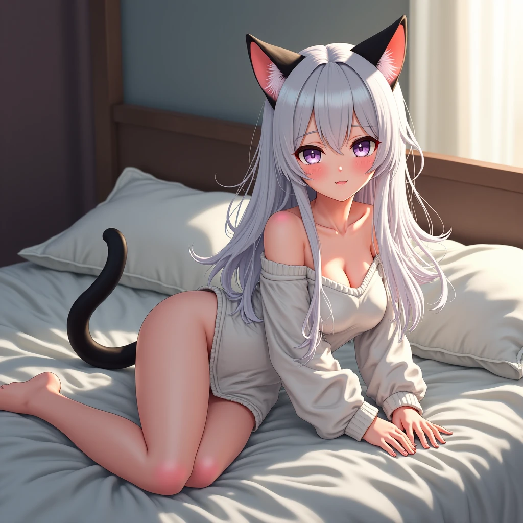 sexy naked woman sitting in comfortable room, with a black cat in his hands, With whites, long hair, with bangs and chubby cheeks, with light purple eyes, Without pupils