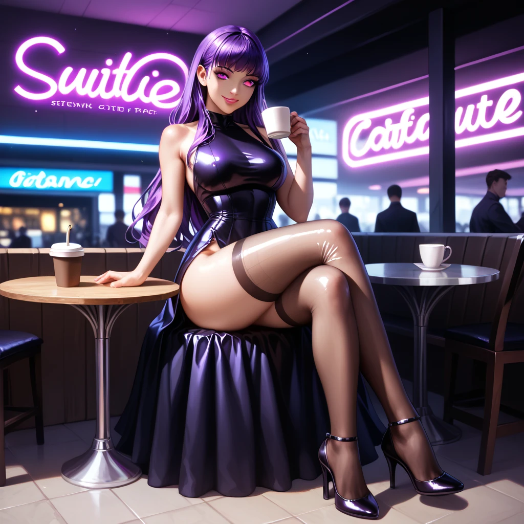 Best quality, Masterpiece, Portrait, Perfect anatomy, Femininity, Cool, Flawless, , Solo, Sexy, Stylish, Mature, Purple eyes, Long light pink hair, Mole above lip, Red lipstick, Big breasts, Outfit, in a cafe with girl with light blue hair drinking coffee