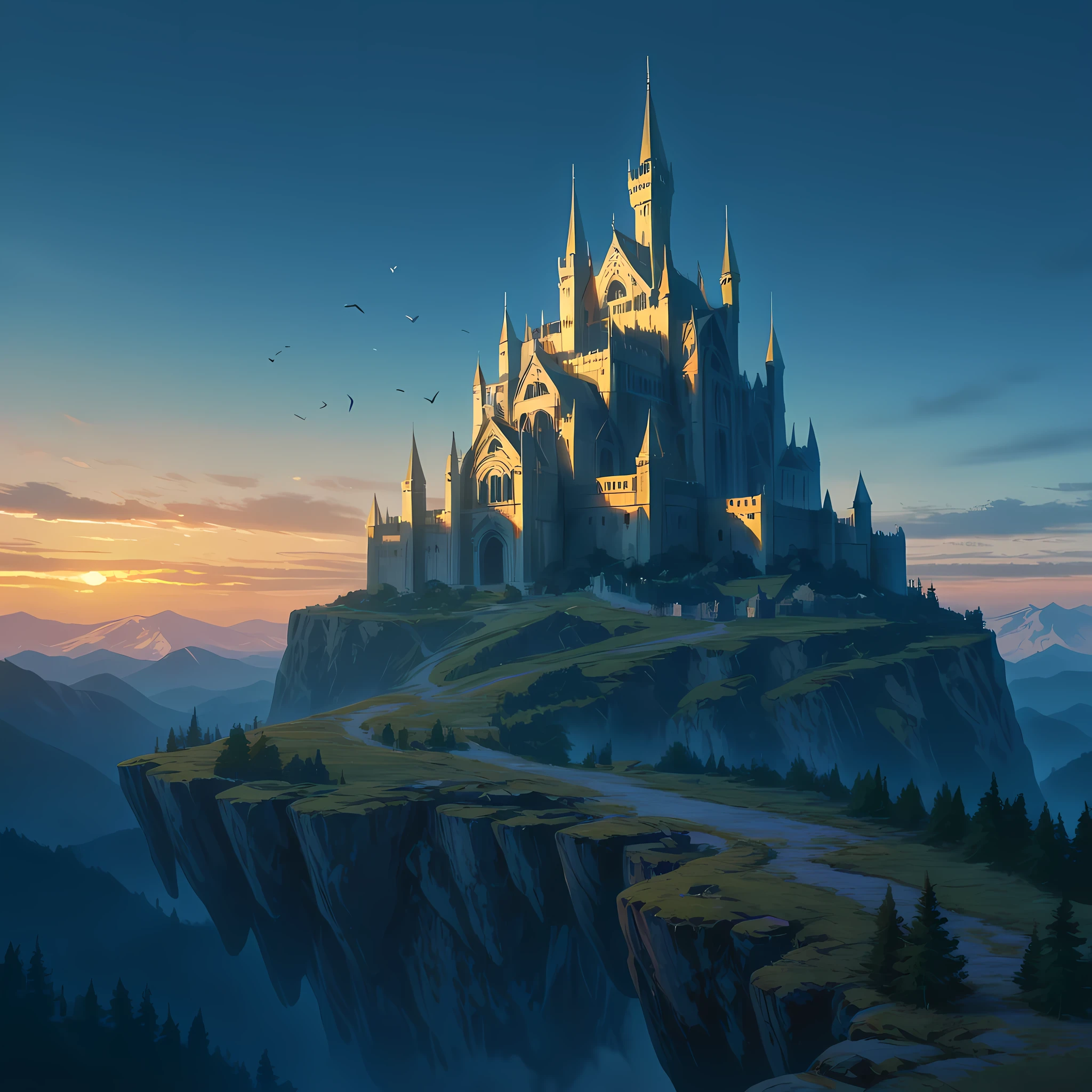 ((large castle with five towers, wooden trapdoor and gates, gray colored castle, aged moss at the bottom of its structure, different colored trees around the castle):1.0), ((twilight sky, birds flying in the sky):1.0) | ((best image quality, best shading, best color balance, lighting balance, best sharpness, masterpiece, full HD, epic fantasy art, semi-realistic art, incredibly detailed scenery)), (counter-dive angle, castle seen from close up).