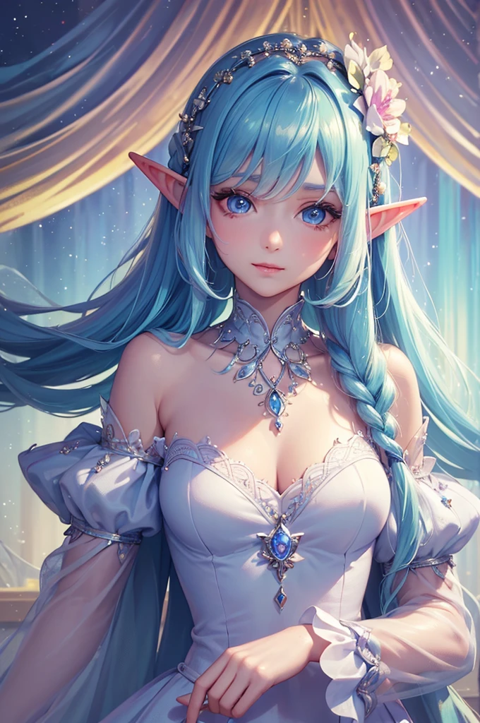 (masterpiece, realistic, high resolution), ((1 charming cute girl): 1.2), dress up as a high elf, ((long blue hair, green eyes, open eyes, most detailed, updraft)), (charming, noble, eye reflex, glowing eyes, sparkling eyes, glint, eye reflection, pretty eyes, eye reflex, shyness), (pale skin, extremely moist smooth, skin reflecting light), dress revealingly, Exposed cleavage, exposed collarbone, corset, no bra, blue sky and white clouds, otherworld fantasy style, upper body, dynamic pose, depth of field, extremely detailed forest background