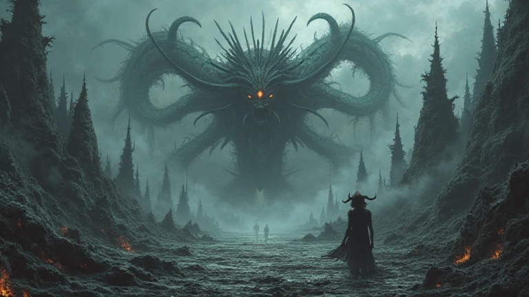(photorealism:1.2), Kingdom of darkness and darkness, inhabited by monsters and demons. Terrifying and disturbing atmosphere.
