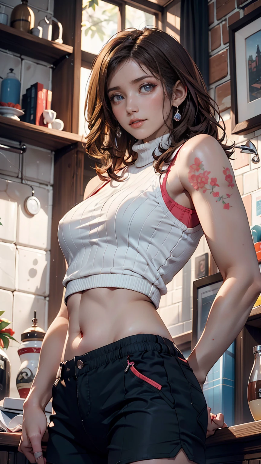 (hyper realistic girl: 1.2), ((18 year old Tenten)), full body, single body, looking forward, sitting on ground, (inner thighs exposed), knees bent, (short straight hair) , (big breasts:1.2), Female room, Traditional Japanese Room, Hyper realistic, cinematic lighting, (octan render), ray tracing