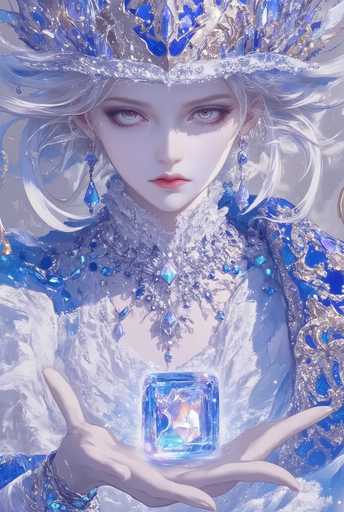 (Masterpiece,Highest quality,32k,Ultra-high resolution),tesseract in a goddess palm, 1 girl,ultra detailed,chromatic abbration, iridescent colors, diamonds,(translucents),transluminescent,cowboy shot,aurora