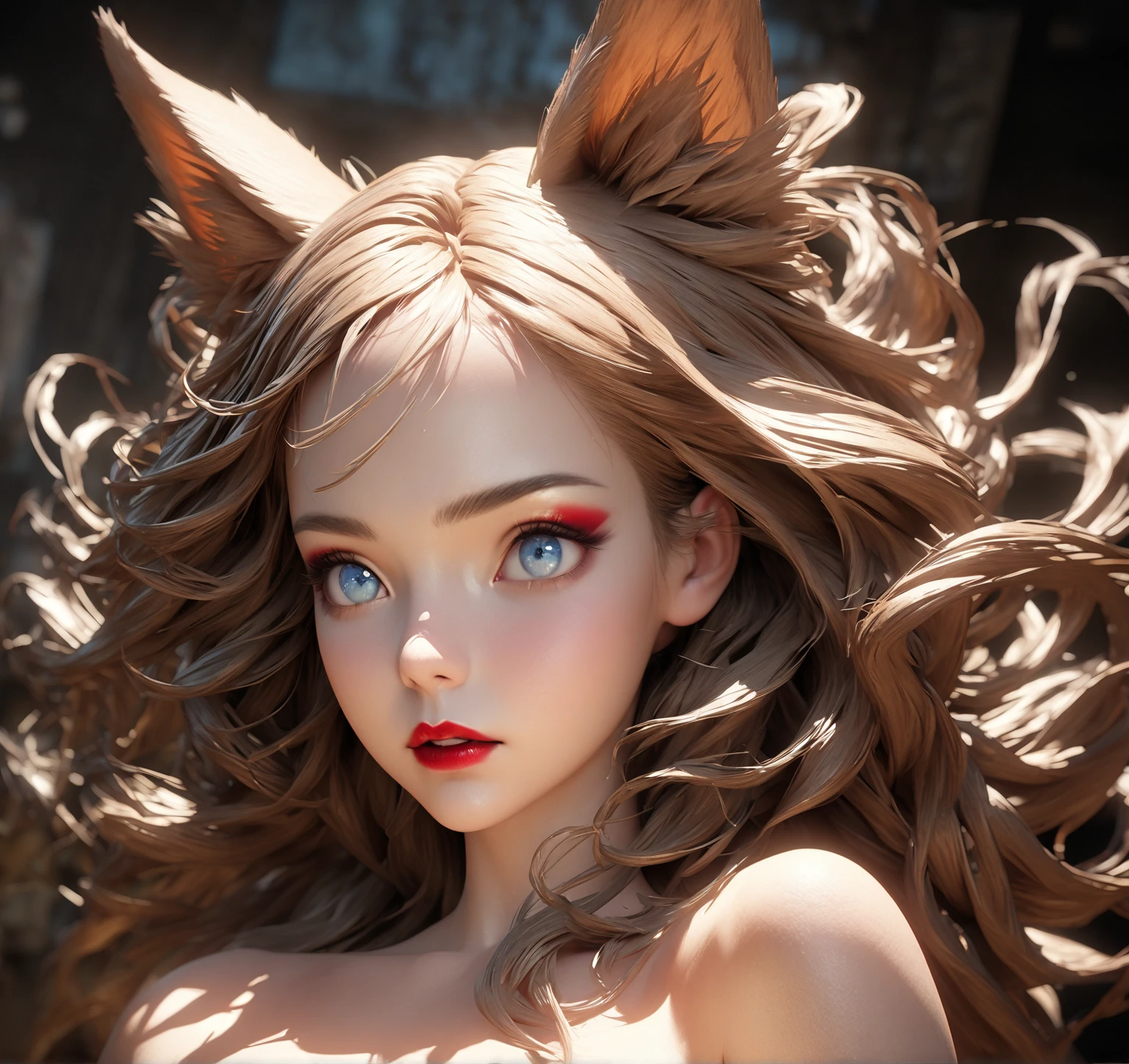 (1girl), Solo, Extremely cute, Amazing face and eyes, (Beautiful lovely smile), Blonde hair, (extremely detailed beautiful face), bright shiny lips, (Big breasts:1.5), (Best Quality:1.4), (Ultra-detailed), (A hyper-realistic, Photorealsitic:1.37), Beautiful fair skin, extremely detailed CG unified 8k wallpaper, RAW Photos, professional photograpy, Cinematic lighting, dense woods, (nighttime scene, Quiet Night Jungle:1.2), (a ferocious beast attacks:1.7), (Silence, night sky:1.3),