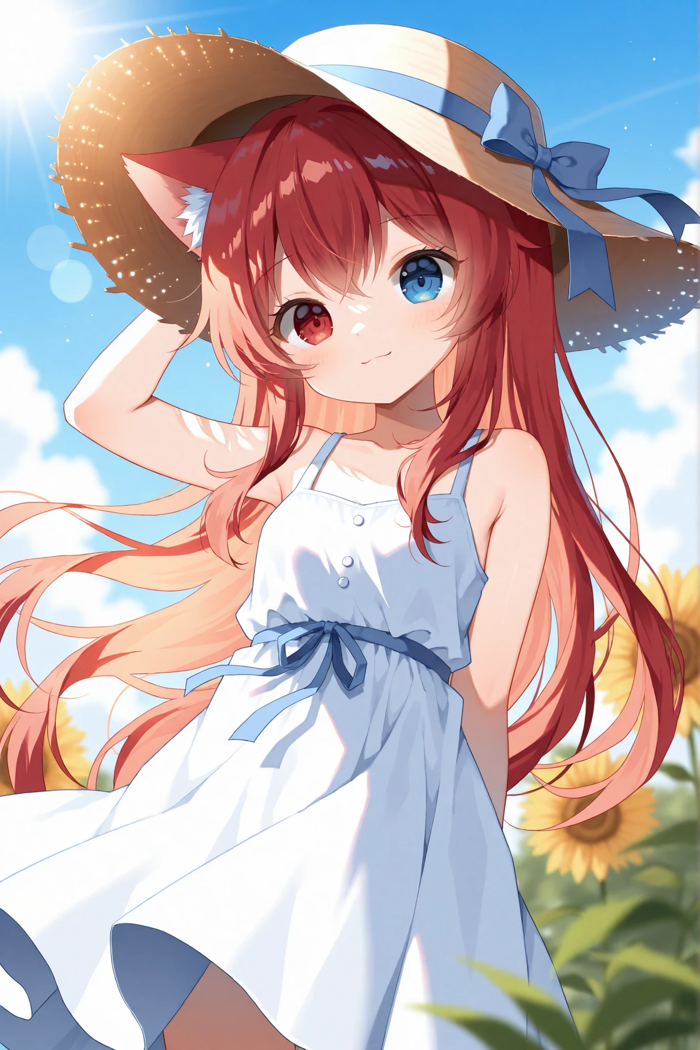 Mauve long hair , red eyes on the left,blue eyes on the right,wearing a white dress,Wearing a sun hat,Cat ear girl,cute anime image,tchibi,single girl, 4k quality,