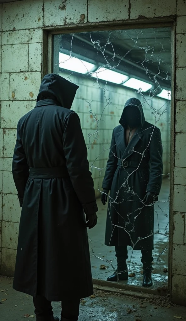 knife two male characters, the one on the right wears a black coat with a headset hanging around his neck, he has a metal hand with half-closed fists, he has an angry expression. the character on the left is a psychopath, he has blood on his hands and a knife, they are in a dark shed, No fundo, there is a man whose legs were ripped off, he has his head down and is hanging by his arms with chains
