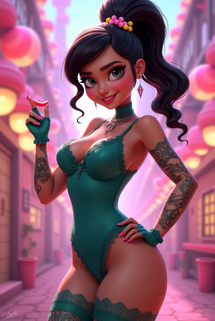 (best quality, 4k, masterpiece, ultra-detailed),vintage colors,woman, 32 years-old,vintage pin-up,straight hair,bangs,beautiful detailed face, big eyelashes,ponytail,little smile,((((slit color dress printed with color flowers)))),garter belts,photographic studio scenario