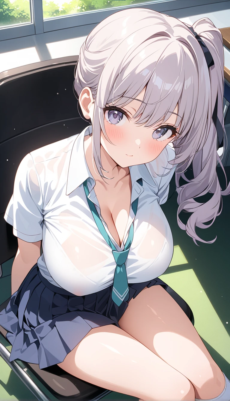 one-girl,sportrait,Classroom,cleavage,校服,black-skinned,Bust photo,looks into camera,sit on chair