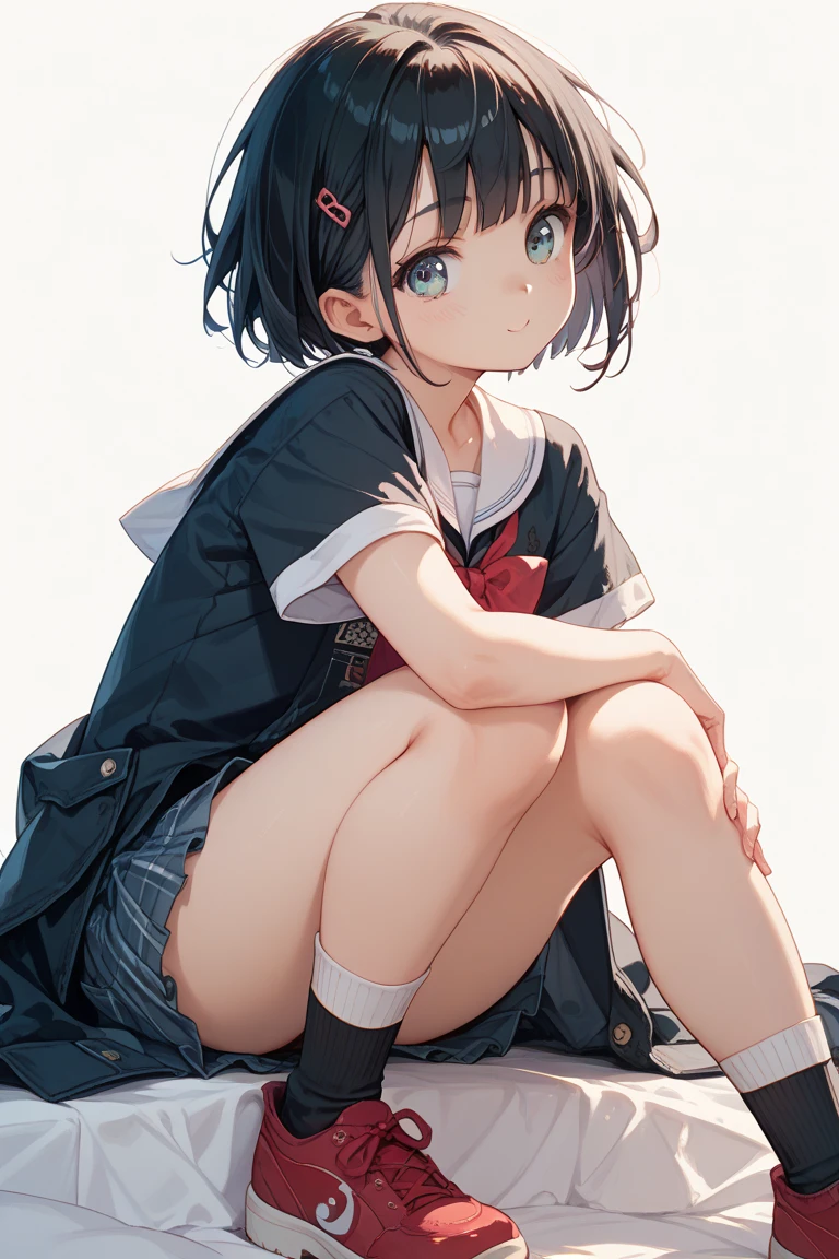 masutepiece、hight resolution、1a person々Cute Girl、hi-school girl、Sitting on the ground with knees upright、Staring at this、