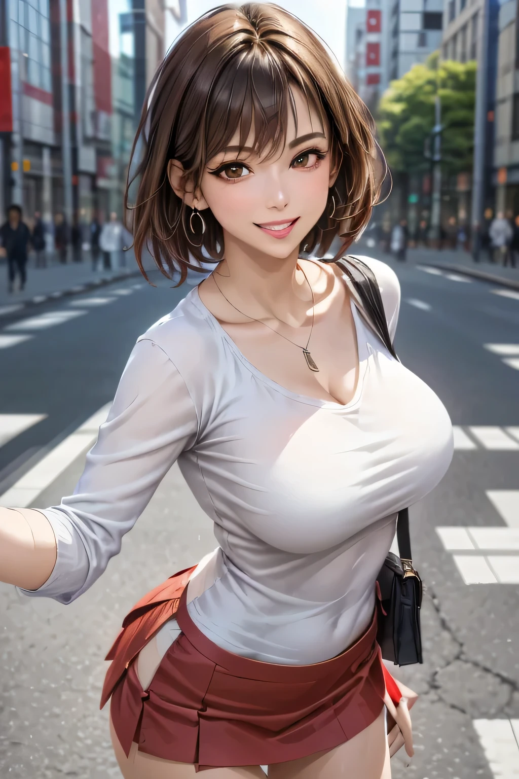 (1. ultimate beauty), solo, very well detailed face, beautiful brown eyes, double eyelids, eyelashes, grin, Slightly thick detailed lip, black hair, (light purple blouse:1.2), ( Red Tight Miniskirt:1.4), (Big Breasts), kind smile, (close), thigh, perfect lighting, (realistic:1.4), (very well detailed), (Best Quality), (best shadows), (masterpiece), Ultra High Definition , With background: ((Ginza Art Gallery, Tokyo ))