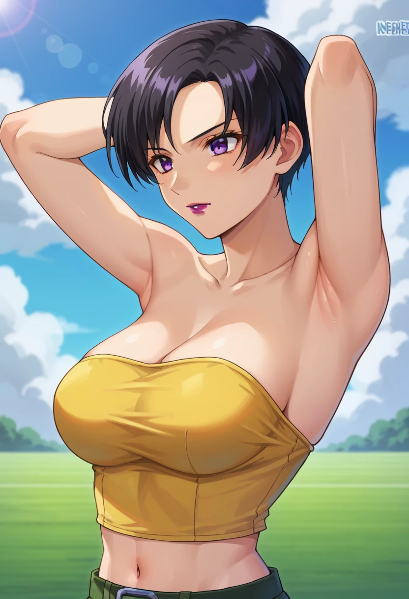 photo of mlp Meowko, RAW, beautiful woman, ((portrait)), ((detailed face:1.2)), ((anime face, anime facial feature, beautiful anime mouth, clear skin, clear skin), (short messy lesbian haircut, one shaved side, brunette: 1.55),  (perfect proportioned body, Strong, muscular, narrow waist, narrow hips, skinny, large breasts), (wearing traditional Hawaiian clothing, leis), exotic flowers in the background, tropical paradise, lush greenery, white sandy beach, crystal clear water, gentle ocean breeze, warm golden sunlight, serene (realistic photo, best quality, detailed), (8k wallpaper), (cinematic lighting, beautiful light, (day:1.3)) (sharp focus, intricate)