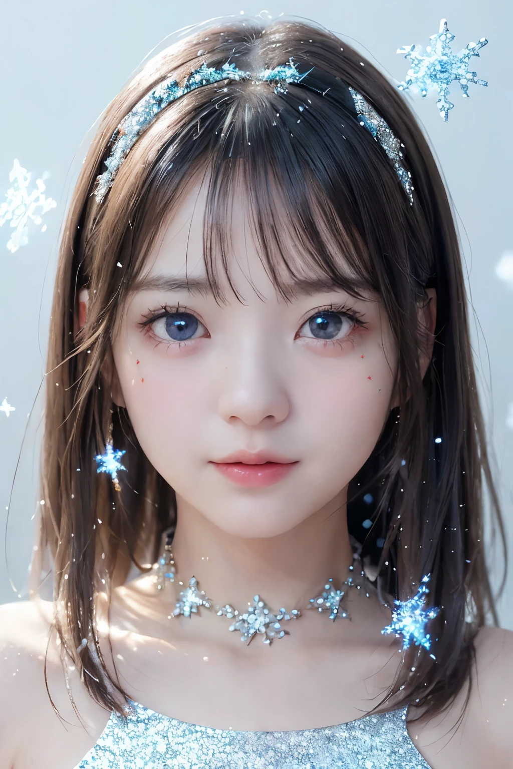 (Upper Body Closeup), Portrait, Portrait, , 8k,masterpiece, Best Quality, 、Round-faced、Big Eyes、 troubled face、 slim、flat body 、cute、Age 15、, one girl on her back、looking at the camera、face to face、pure white hair、glowing skin in front of a Japanese hot spring、((( GLITTER SKIN )))、、((super realistic details))、Portrait、global illumination、shadow、octane rendering with a slightly smaller mouth、、、metal、 cold color、、very intricate details、Realistic Light、CGSoation Trend Beautiful Eyes 、eyes shining at the camera、drop shadow、、Sparkling Turquoise Eyes 、((Snowflakes))、、white background、 CHAIN CHOKER