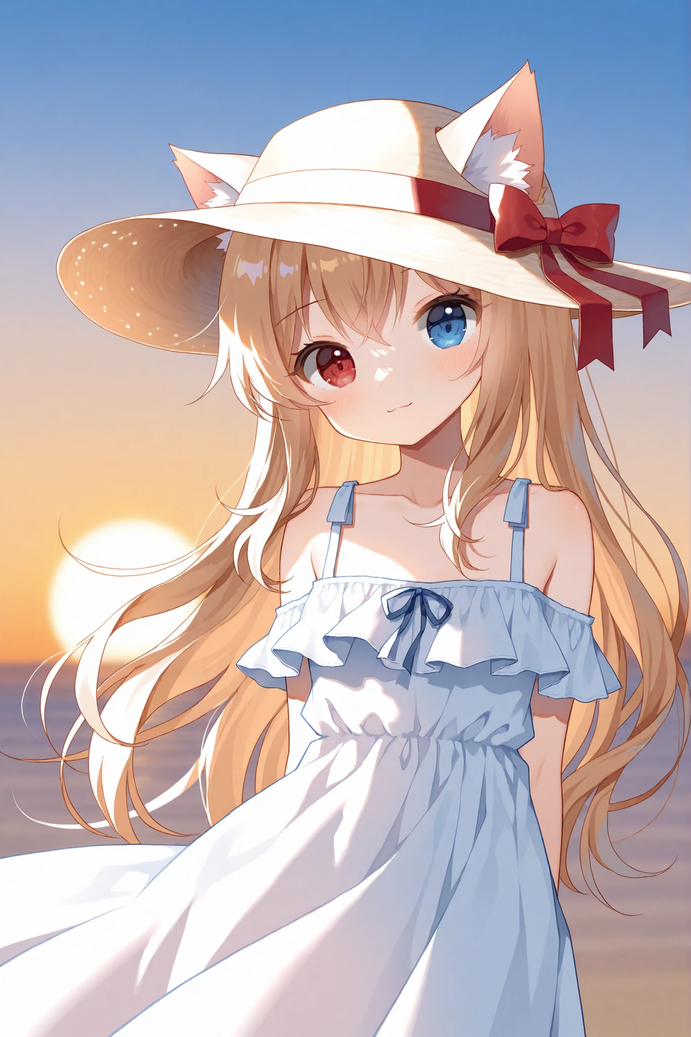 Mauve long hair , red eyes on the left,blue eyes on the right,wearing a white dress,Wearing a sun hat,Cat ear girl,cute anime image,tchibi,single girl, 4k quality,
