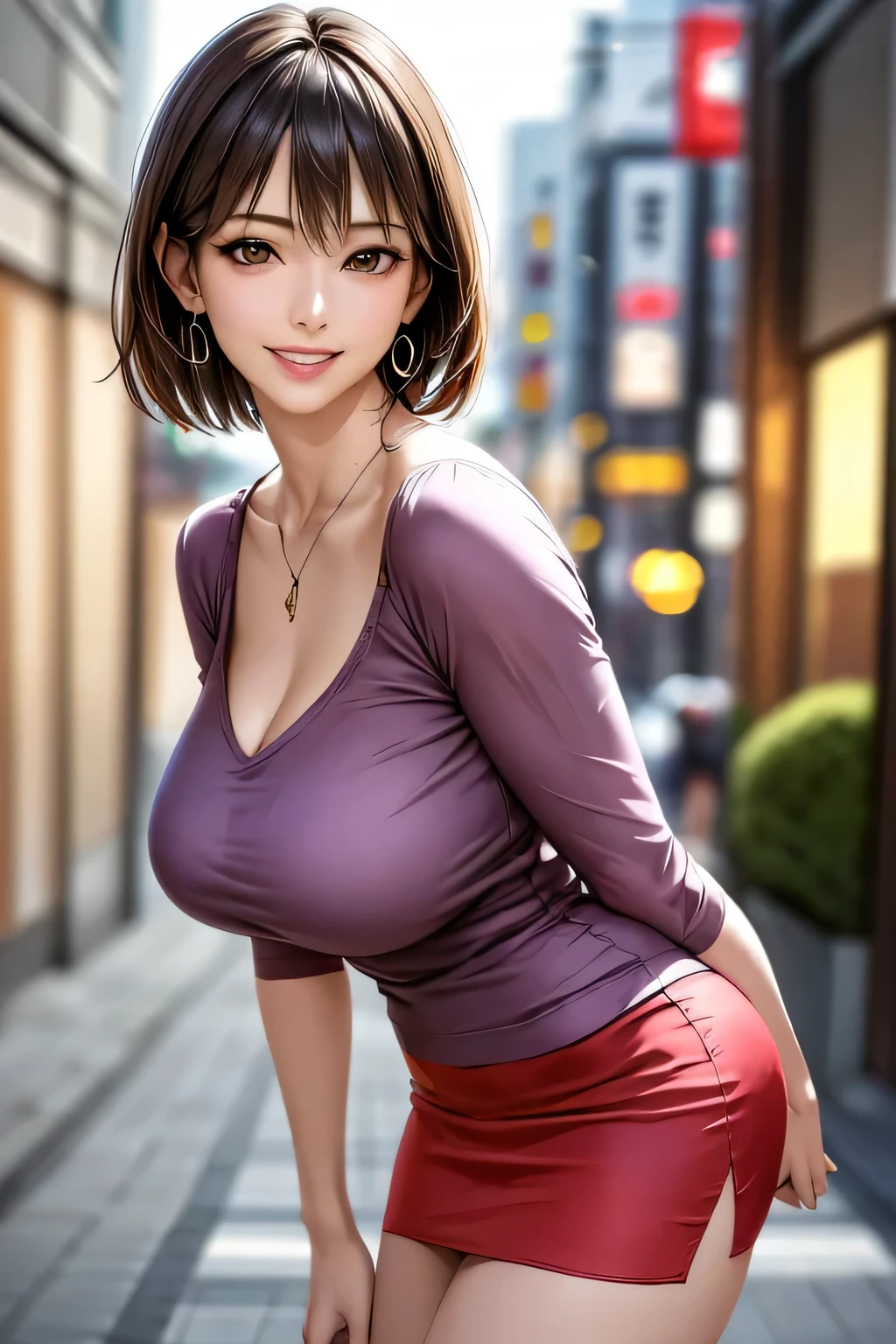 (1. ultimate beauty), solo, very well detailed face, beautiful brown eyes, double eyelids, eyelashes, grin, Slightly thick detailed lip, black hair, (light purple blouse:1.2), ( Red Tight Miniskirt:1.4), (Big Breasts), kind smile, (close), thigh, perfect lighting, (realistic:1.4), (very well detailed), (Best Quality), (best shadows), (masterpiece), Ultra High Definition , With background: ((Ginza Art Gallery, Tokyo ))