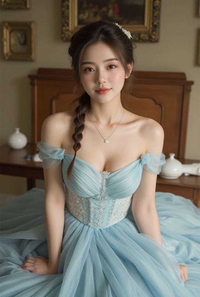 (8K、Raw photography、top-quality、masterpiece:1.2)、(realisitic、Photorealsitic:1.37)、ultra-detailliert、超A high resolution、女の子1人、(beautifull detailed face、Golden Ratio Face、Balanced eyes、二重まぶた、lipgloss)、Beautiful detailed skin、Skin Texture、Professional Lighting、(Very beautiful girl)、Happy smile、View photographer、Glowing white shiny skin、(Attractive Bright Natural Platinum Brown Silky Hair 1.5)、eye liner、(((Blue Eye)))