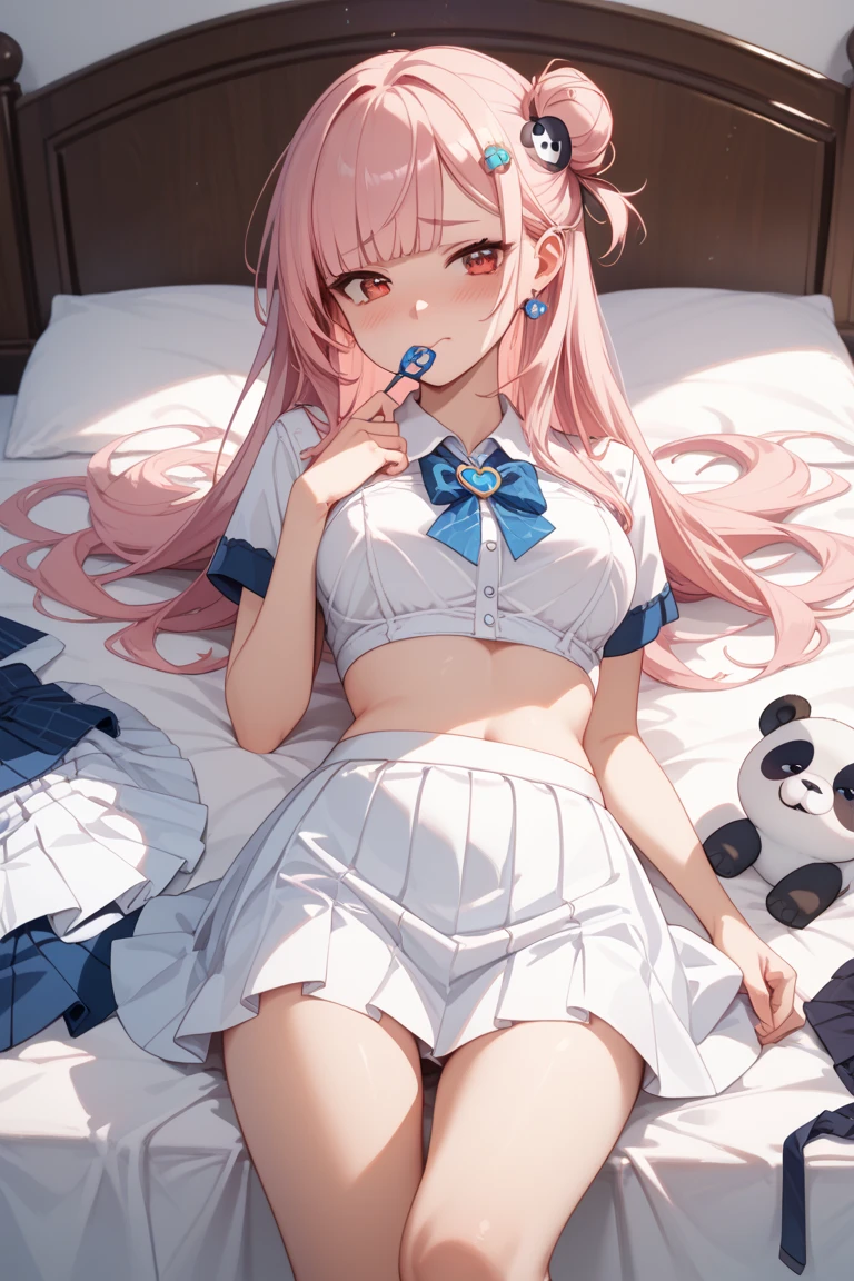 (masutepiece,Best Quality,Ultra-detailed),1girl in,White and pink hair,beautiful and detailed face, Detailed eyes,beret,((White sailor suit)),(((White skirt))),Looking at Viewer,Blushing, embarrassed, nervous smile,(Grey and pink theme), ((((I can see panties)))),(((an lingerie))),((opens legs)),Sitting on the bed