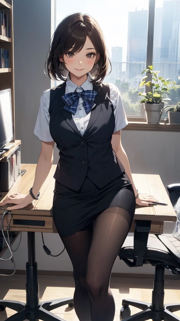 NSFW, (Official art、Best Quality、Unity 8k Wallpapers、32K、​masterpiece、ultra-detailliert、超A high resolution、realisitic、Photorealsitic:1.2)、(natural soft light:1.2)、Fireglow effect、The grainiest shadow of the film、side lights、sideshot、(ultra-detailliertで複雑な3Dレンダリング)、Detailed beautiful face and eyes、sharp pupils、Realistic pupils、middlebreasts、Smile、high-heels、Woman in skirt and shirt sitting on desk, Office Clothes, on desk, on deskに座る, on deskに座っている,bent at the knees、Opening legs、open your legs、pantie shot、 wearing business casual dress, A sexy、business clothes, In the office, wearing a suit and glasses, Fully dressed, business outfit, embarrassed from, A slight smil、Business attire、cleavage of the breast、A sexy、