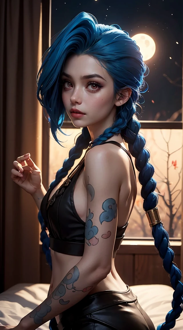 jinxlol, blue hair, braids, small breasts, <lora:JinxLol:0.7>, sexy, close-up, cinematic, volumetric lighting, soft lighting, rim lighting, glittering, ((masterpiece)), (best quality), 8k, ultra-detailed, leathertop, (sideboob:1.5)
