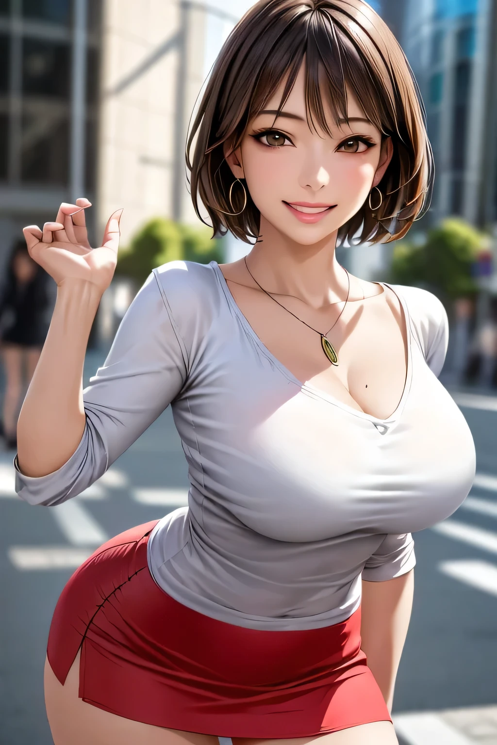 8K,Light Brown Hair Shortcut Hair,Super beautifulな日本の女性, big and full breasts,big smile,Super beautiful(Like the real thing)black and red casual wear,black jeans,Sexy,deviantart artstation cgscosiety, 3Dレンダリングcharacter art8 K, Alena Aenami and Artgerm, Wojtek Füss, trending on Artstation 8k, trending on artstation hd, Adventure hyper realistic rendering, Perfect body with realistic shading, photorealistic perfect body, Ultra - High resolution,Super high resolution,surreal,fantasy art,character art,high quality,Sexy,Brown-haired shorthair,strongly cracked abdominal muscles,muscular slim body,muscular slender lower body,large park,crawl on all fours,open your mouth wide,stick out tongue,Emphasize cleavage,