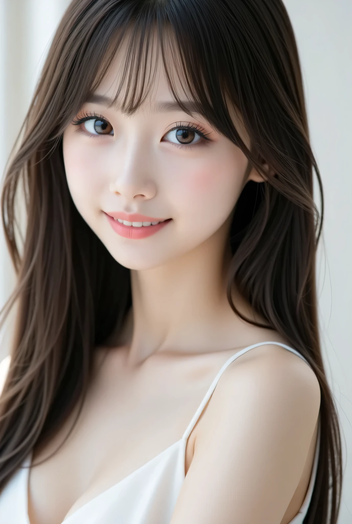masterpiece , high quality, Super Details, super high image quality, 8k,16k,32K, 最high quality , Detailed Faces, Fine brown eyes, beautiful god dead face ,18 year old girl,cute face, (straight long princess cut black hair and tight bangs), Half Smile , Outdoors,viewer