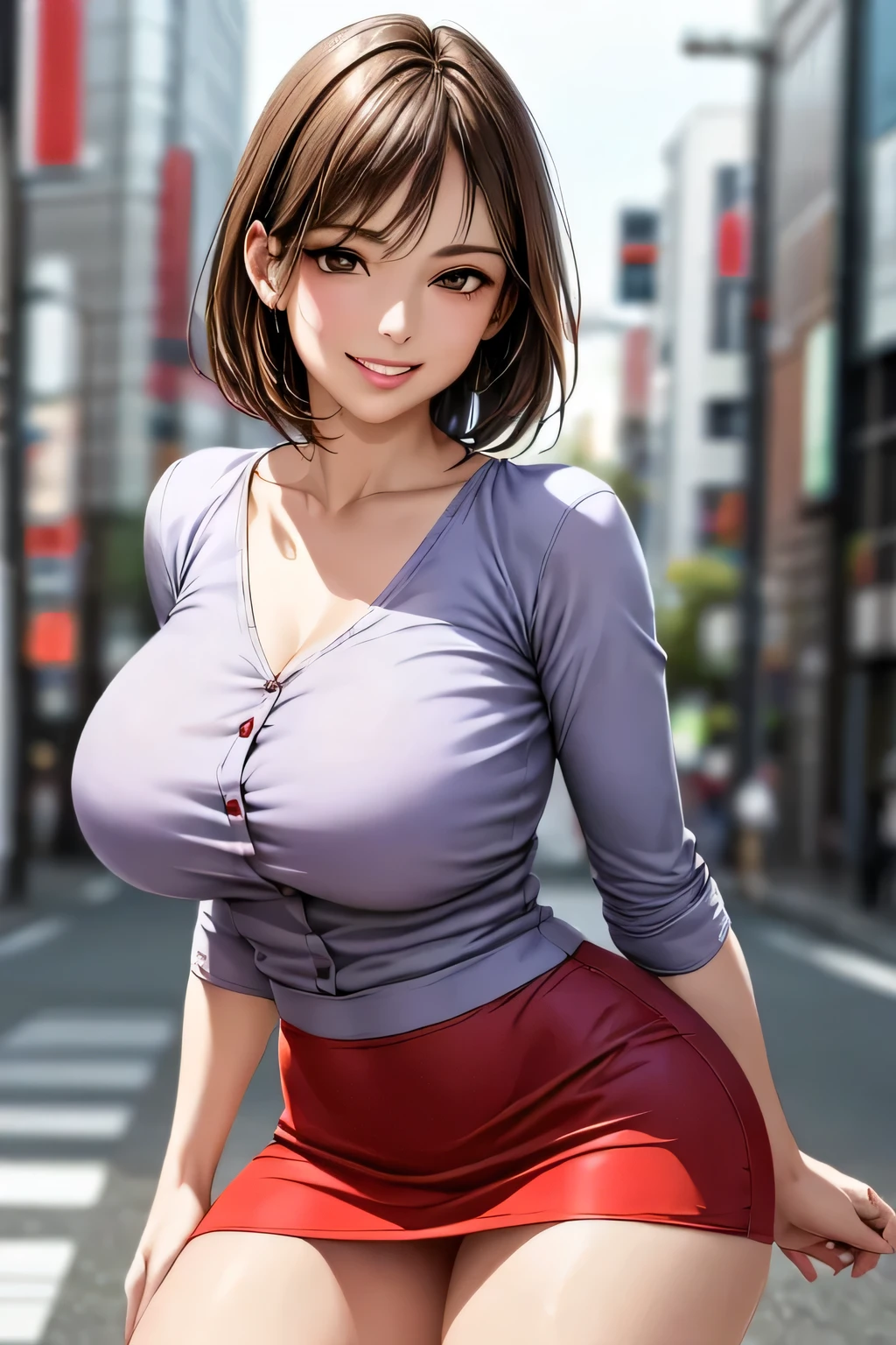(1 The Ultimate Beautiful Mature Woman), Very detailedな顔, Beautiful brown eyes, double eyelid, Slightly thick detailed lip, Short black hair, (Light purple blouse:1.2), (Red tight mini skirt:1.4), Large Breasts, smile, Thighs, Perfect lighting, (Realistic:1.4), (Very detailed), (Highest quality), (Best Shadow), (masterpiece), Ultra-high resolution, With background: ((Ginza Art Gallery, Tokyo))