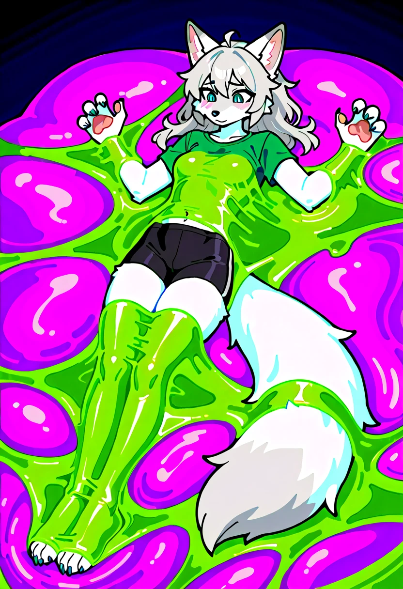alone, Detailed hair, young,one-piece swimsuit,Firmware version, furry anime, Bragon, very cute face, Blushed, young, Detailed background, Detailed fanart, pixiv, number, masterpiece, high quality, high resolution,Trapped in black slime,Lie on one's stomach,covered in black slime,Only the head is exposed,random color,random species,personal portrait,The tail is in the right position