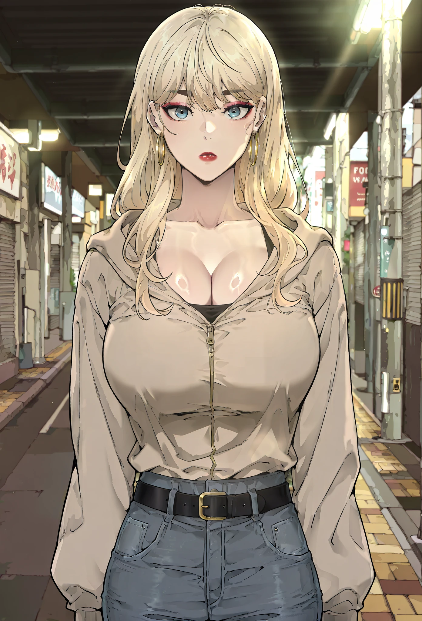 kitagawa marin, 1girl, blonde hair,, ear piercing, bag, piercing, pink eyes, gyaru ,black choker, earrings, , red eyes , bangs, multicolored hair , makeup, gradient hair,
BREAK (((coat , flashing , nakedflashing ))), lingerie , navel , exibitionism , big breasts, wide hips , milf body ,((( crowded public , everyone looking))) , smile
BREAK outdoors, city, sky, sun, clouds,
BREAK looking at viewer, (cowboy shot:1.5),
BREAK (masterpiece:1.2), innocent eyes , beautiful face