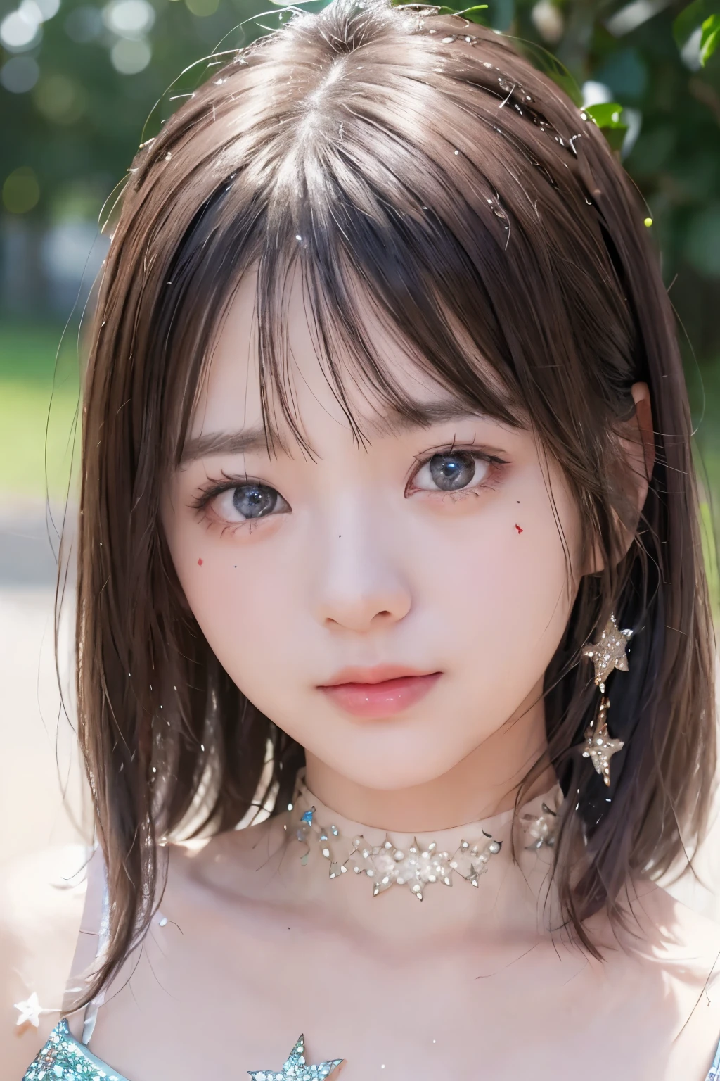 (Upper Body Closeup), Portrait, Portrait, , 8k,masterpiece, Best Quality, 、Round-faced、Big Eyes、 troubled face、 slim、in trouble、facing the front、flat body 、cute、Age 15、, one girl on her back、looking at the camera、face to face、pure white hair、glowing skin in front of a Japanese hot spring、((( GLITTER SKIN )))、、((super realistic details))、Portrait、Global Illumination、shadow、octane rendering with a slightly smaller mouth、、、metal、 cold color、、very intricate details、Realistic Light、CGSoation Trend Beautiful Eyes 、eyes shining at the camera、drop shadow、、Sparkling Turquoise Eyes 、((Snowflakes))、、white background、 CHAIN CHOKER