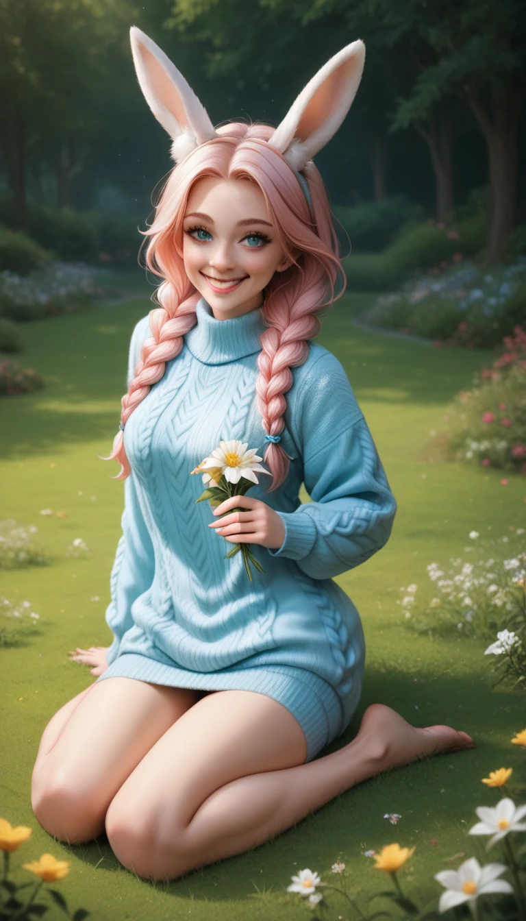 Perfect faces. Perfect hands. A pink haired woman with violet eyes and an hourglass figure is sitting on a bench in the garden in the early morning light with a big smile