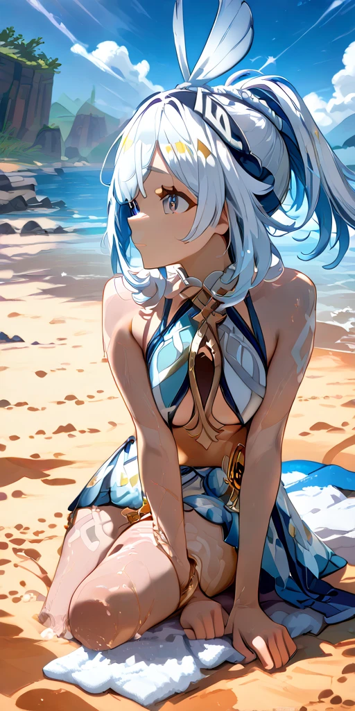 Masterpiece, top quality anime illustration, super detailed, one girl, solo focus, beautiful girl with silver hair cat ears, anime loli, cat ears loli, thigh emphasis, bastet costume, egyptian mythology, bathing in desert oasis, wet sheer
