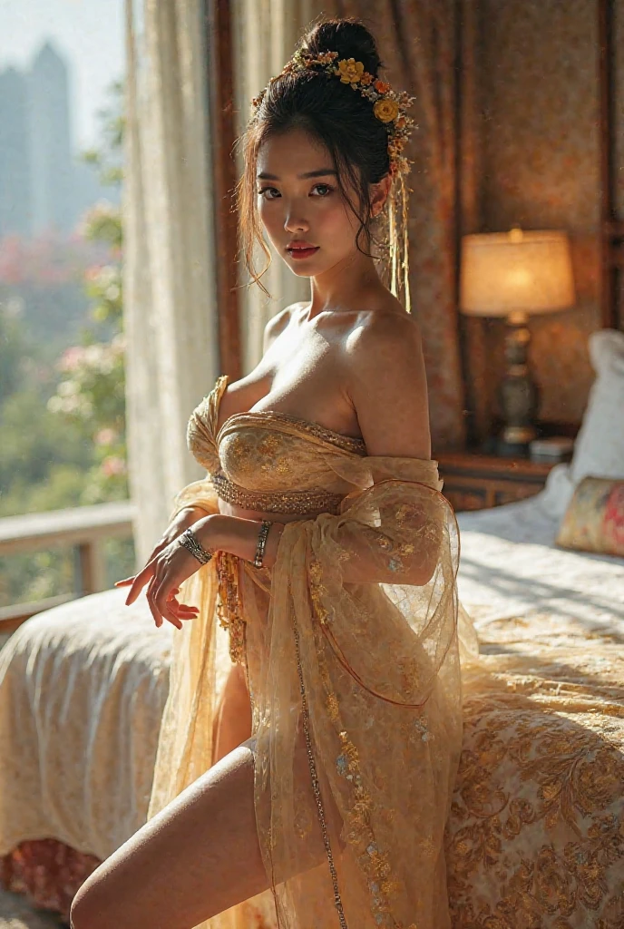 The art depicts a charming woman dressed in a flowing, Oriental transparent dress, Decorated with sexy patterns and bright colors. Reveal small round butt, Her sheer dress hangs elegantly over her curvy figure, accentuating her seductive silhouette. She stood gracefully in the quiet moonlit night, bathed in the soft glow of the moonlight. The scene exudes an ethereal and dreamy atmosphere, With a touch of mystery and sexiness. The graphic style incorporates watercolor and digital illustration techniques,Evokes refined beauty and charm. The lights are filled with soft moonlight, casting soft highlights and shadows on her charming features. Bare buttocks, Three-dimensional facial features, lying on bed, Clear eyes, Topless, Visible,full bodyesbian,