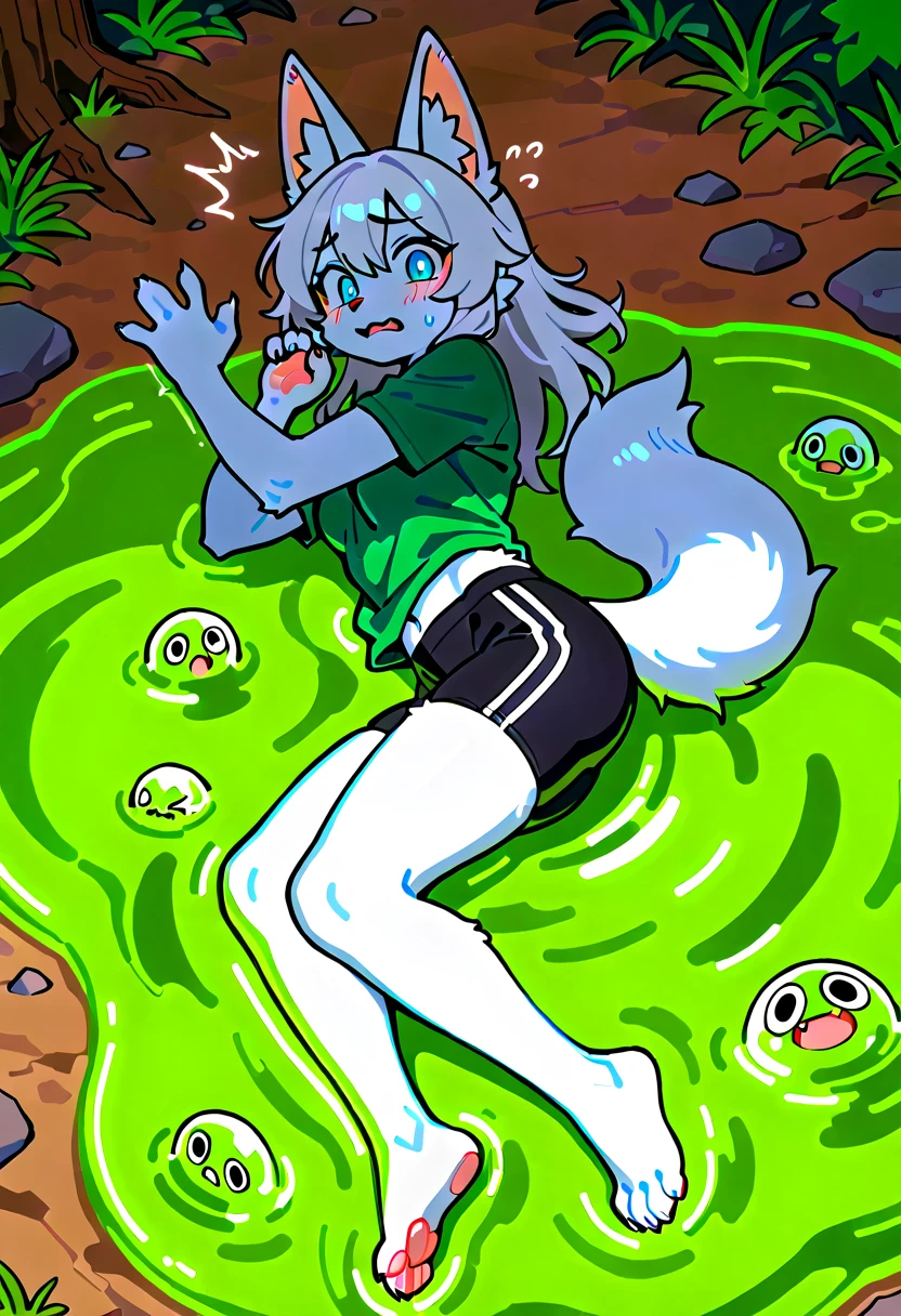 alone, Detailed hair, young,one-piece swimsuit,Firmware version, furry anime, Bragon, very cute face, Blushed, young, Detailed background, Detailed fanart, pixiv, number, masterpiece, high quality, high resolution,Trapped in silver slime,Lie on one's stomach,covered in silver slime,Only the head is exposed,tentacle,random color,random species,personal portrait,The tail is in the right position