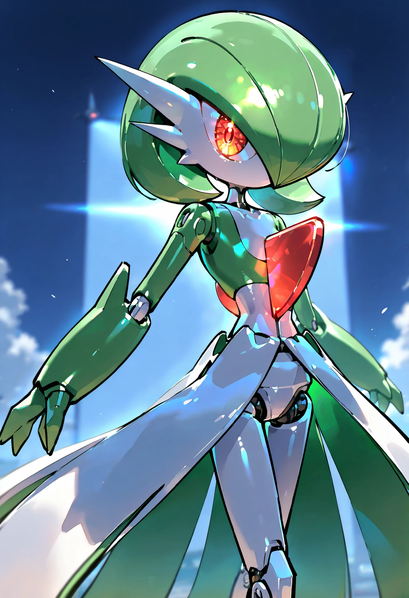 gardevoir, green_hair, green_skin, hair_over_one_eye, mechanization。cyber。Mechanical joints。electric light。Mechanical Engineer。ironvaliantsv。Pokemonfusion