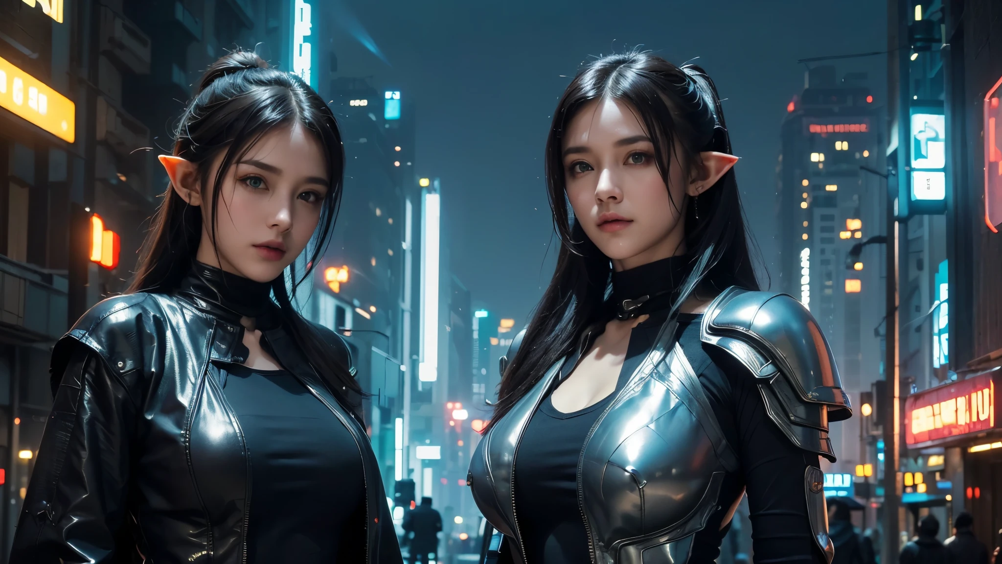 masterpiece,is of the best quality,high resolution, 8,000,(Portrait Photos:1.5),(R Original photo),Real Photos,Digital photography,(Cyberpunk style city streets,Bustling city streets,Neon sign,After the Rain,Mist,steam),(Female elves), 20 year old girl, random hairstyle,Through Bangs,( big breasts,Keep your mouth shut,Accessories,Keep silent,Elegant and charming ,Serious and arrogant,Calm and handsome,(a combination of cyberpunk and fantasy style clothing,Hollow design,Combined Armor,Photo poses, Realisticstyle, oc rendering reflective texture , Upper Body Lens ,looks into the camera