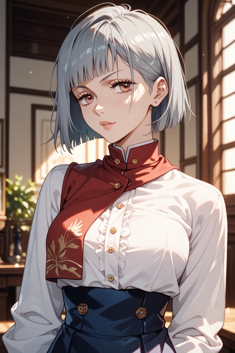Woman, Chinese clothing, gray eyes, slightly large chest, bob hairstyle, silver hair color