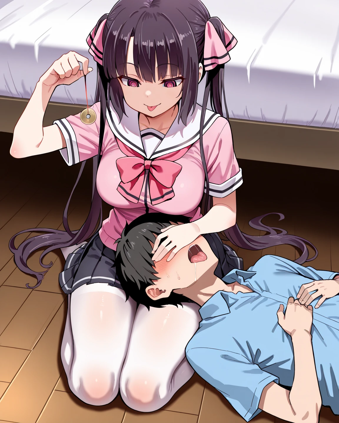 From side,kneeling,Nsfw,(((1girl,1boy,fellatio))),alone, 1 girl, looking at the viewer, 2D, anime, anime coloring, Elusia de Lute, , choker, shawl, looking at the viewer, smile, :d,white lace panties,up skirt,classroom,detailed eyes,detailed skin,shiny skin,growing eyes,beautiful thighs,