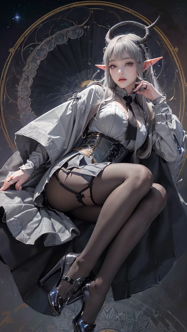 photorealistic, high resolution, soft light,1women, solo, hips up, shining skin, (detailed face),tattoo, jewelry, black lace pantyhose, black stockings, garter belts, night, white hair, wavy hair, Beautiful Soldier, Eyes That Invite Viewer, Lover's Perspective, Inviting Expression, Sexy Smile, Perfect Style, Perfect Balance, Detailed Skin, Naughty Gaze, Chest Visible