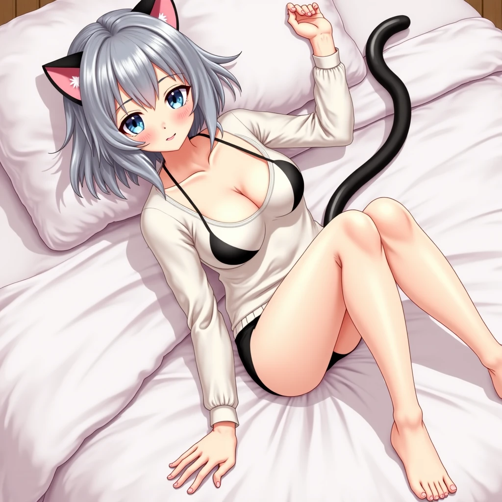 behavior, anime, medium Breasts, bed, Spread your legs,tits, hanging breast, smooth Anime style, masterpiece, greatest anatomy, detailed anatomy, 16YOgirl, 1girl, catgirl, bob style hair, gray color hair, gray eyes, Black cat ears with pink inside, detailed cat tail, round breast, sexy, light smile, love Buble chat anime, blushed, look at viewers, collarbone, hanging breast, behavior, anime, medium Breasts, bed, Spread your legs,tits, hanging breast, Anime style, masterpiece, greatest anatomy, detailed anatomy, 16YOgirl, 1girl, catgirl, bob style hair, gray color hair, gray eyes, Black cat ears with pink inside, detailed cat tail, round breast, bikini, transparent t-shirt, light smile, blushed, look at viewers, collarbone, big thighs, tempting, hentai art style