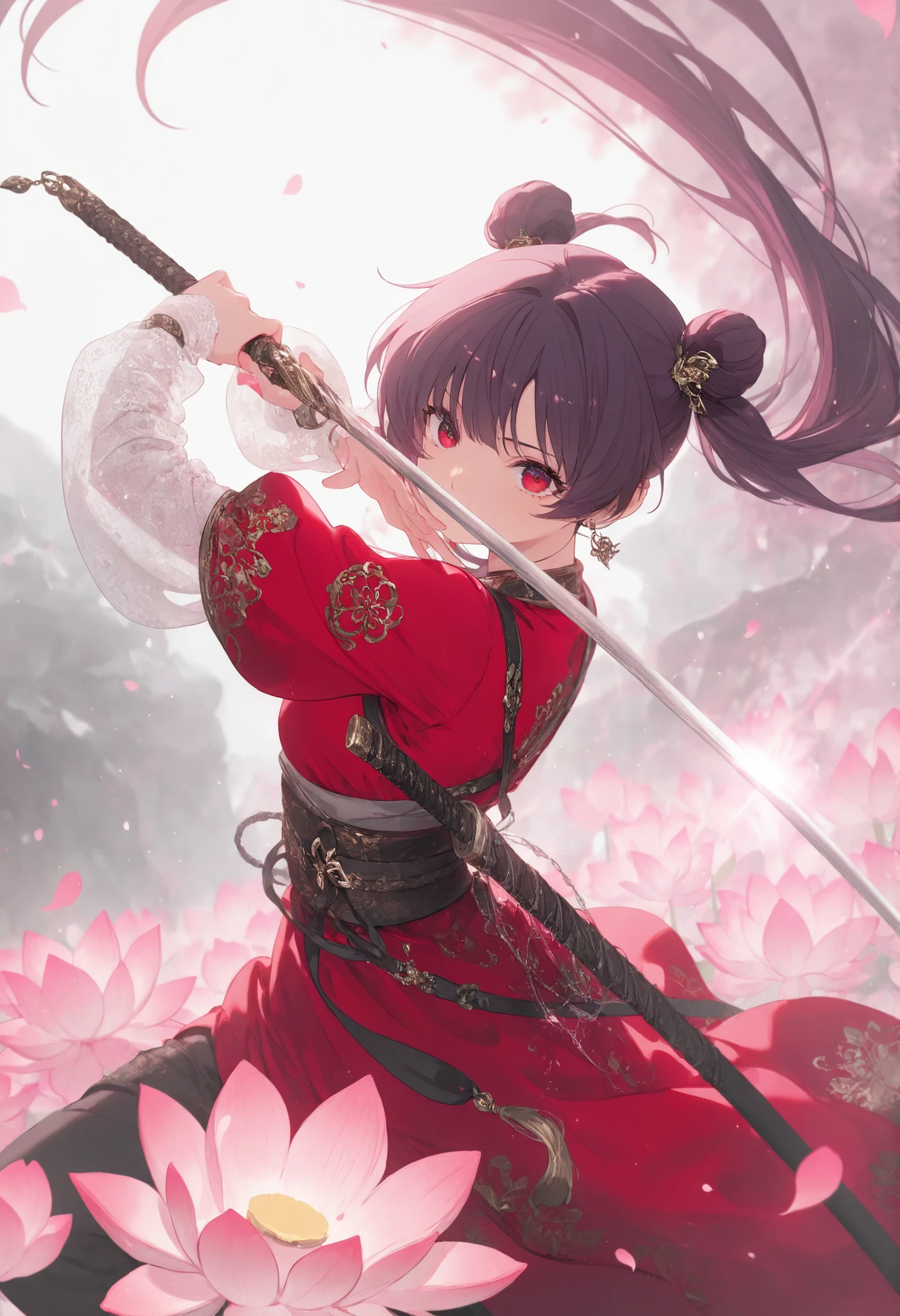 1girl,lotus_stance_disciple, silk_sleeves_catching_falling_petals, sword_scabbard_overflowing_with_spring_rain
,masterpiece, best quality, newest, highres, absurdres,