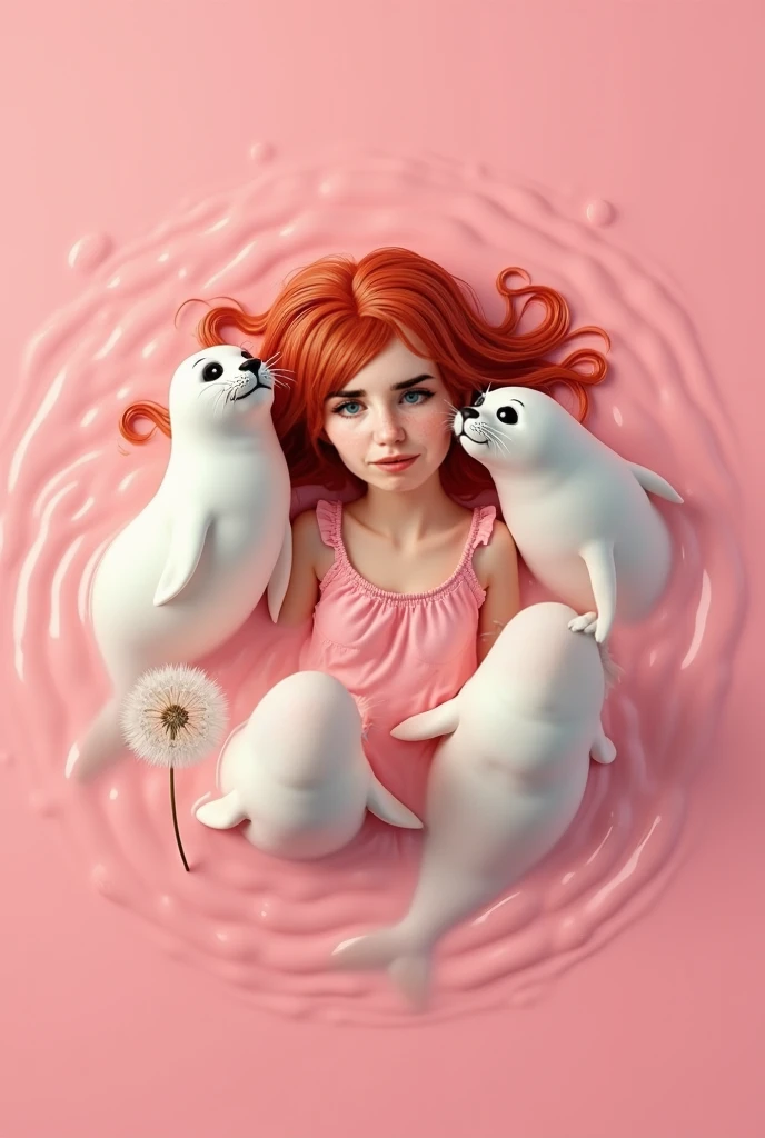 Beautiful 3 orange-haired woman with realistic blue eyes and long eyelashes and beautiful makeup like she's 30 years old, long, thick hair with curls and a beautiful smile dressed in white with pearl and diamond jewelry with a beautiful white dolphin with a pink tongue with a smile on her arms and a seabed with corals and pearls, all very colorful.