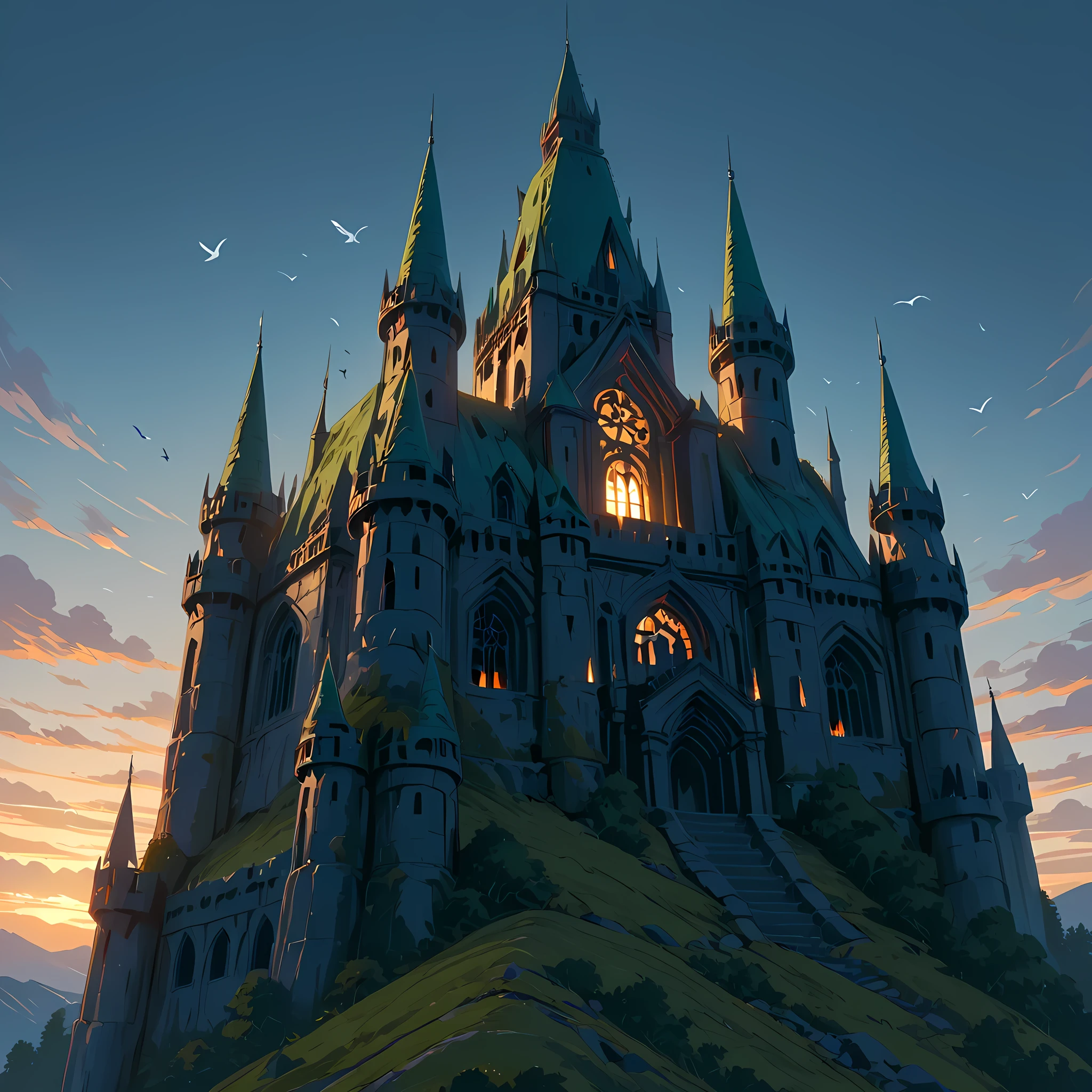 ((castle with five towers, wooden trapdoor and gates, gray colored castle, aged moss at the bottom of its structure, different colored trees around the castle)), ((twilight sky, birds flying in the sky)) | ((best image quality, best shading, best color balance, lighting balance, best sharpness, masterpiece, full HD, epic fantasy art, semi-realistic art, incredibly detailed scenery)), (counter-dive angle, castle seen from close up).