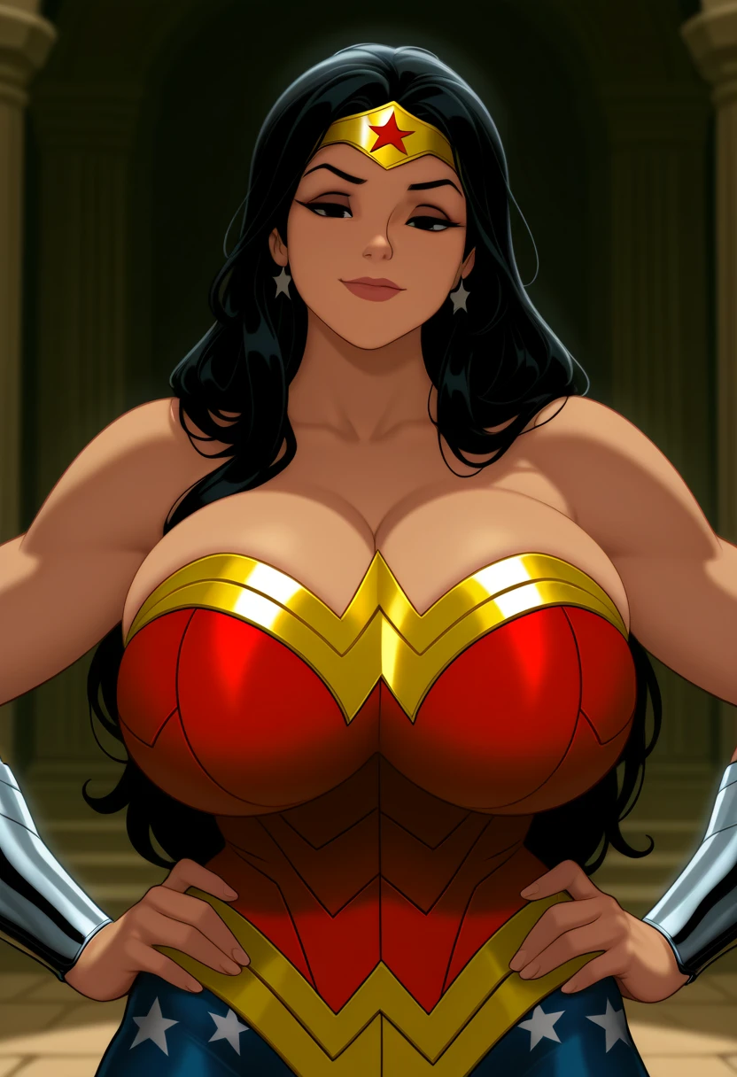 masterpiece, best quality, matsumoto rangiku, beautiful lighting, long hair, (Wonder Woman costume), crop top, mini skirt, turtleneck, gigantic breasts, underboob, standing, looking at viewer, blue eyes, smile, japanese architecture, cowboy shot, shiny skin, gigantic breasts, curvy, seductive smile, bare shoulders, elbow gloves, black hair ,((light dark skin: 1.4))